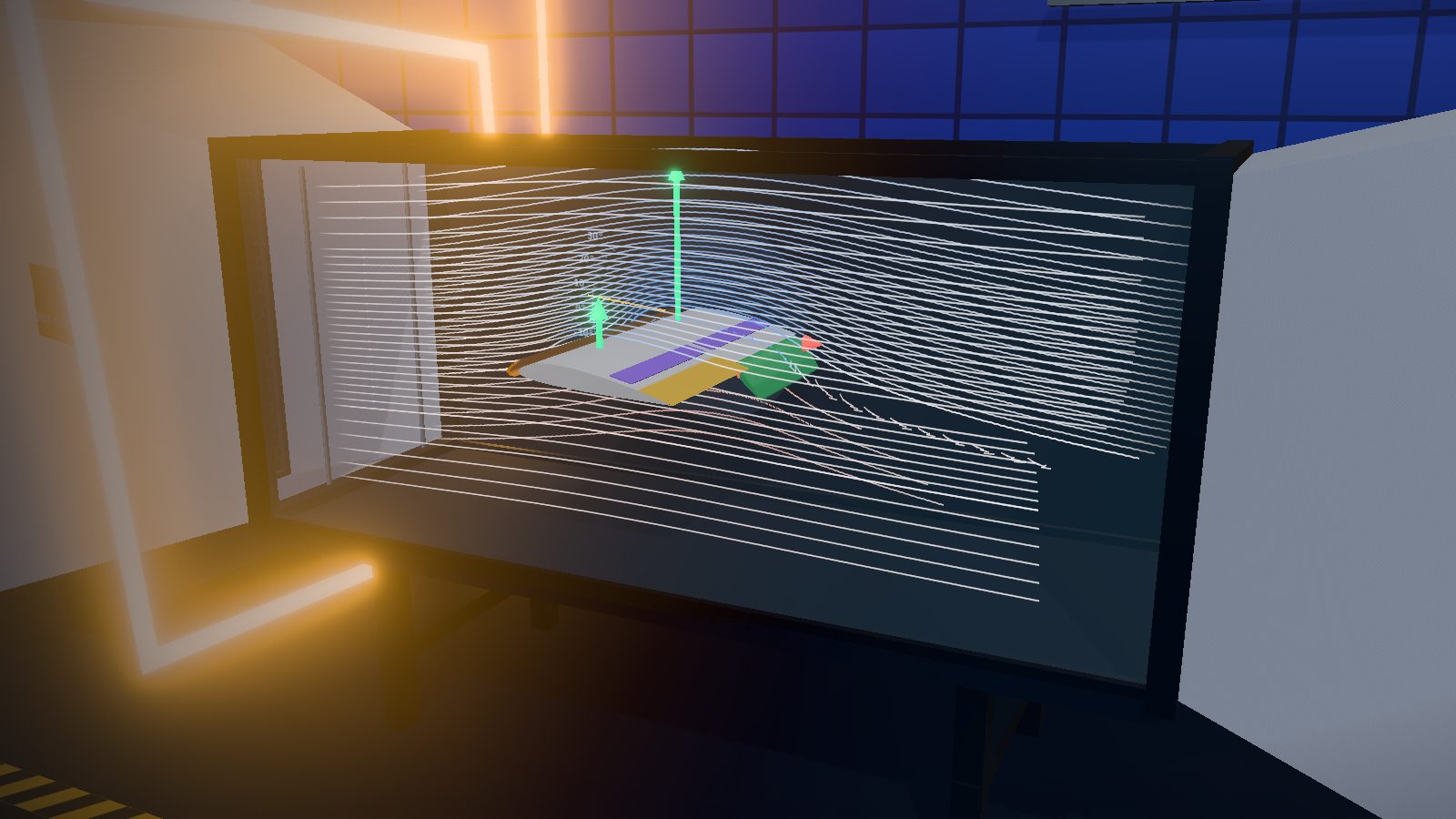 Smoke streams bending around a wing with slats and flaps extended, inside a glowing wind-tunnel lab